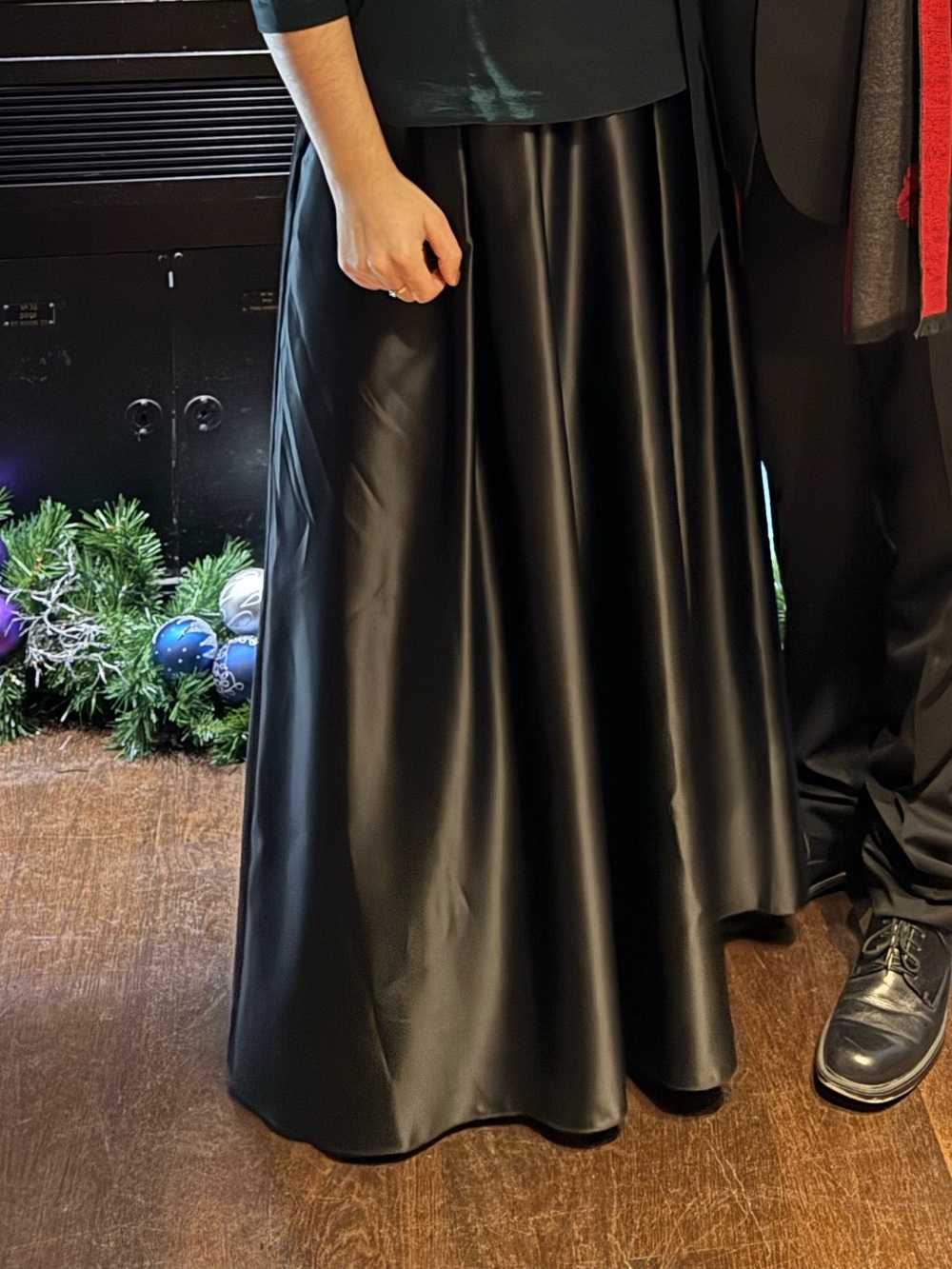 Alex Evenings Black Satin A-Line Maxi Skirt with Pleated Panels